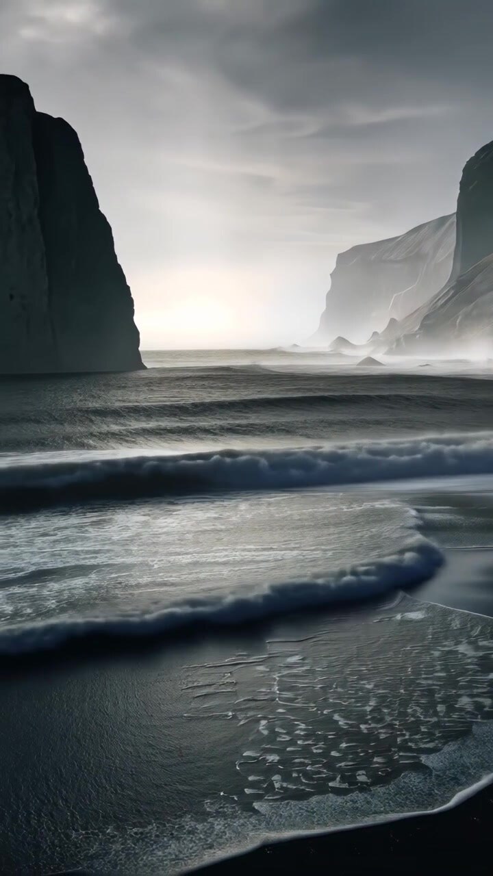 Dramatic Waves Crashing on a Dark Volcanic Sand Beach