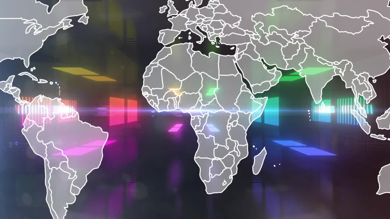 Silhouette di una mappa che appare come contorno bianco, barre al neon che pulsano sulla griglia oltre la scia luminosa per il loop
