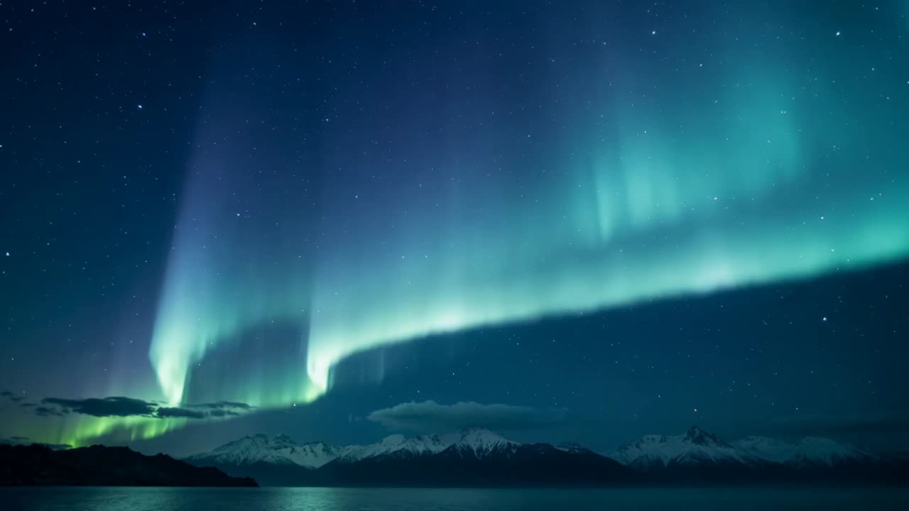 Spettacolo danzante di aurora boreale che reagisce al vento solare, formando cortine sulla riva che riflettono la cresta di neve