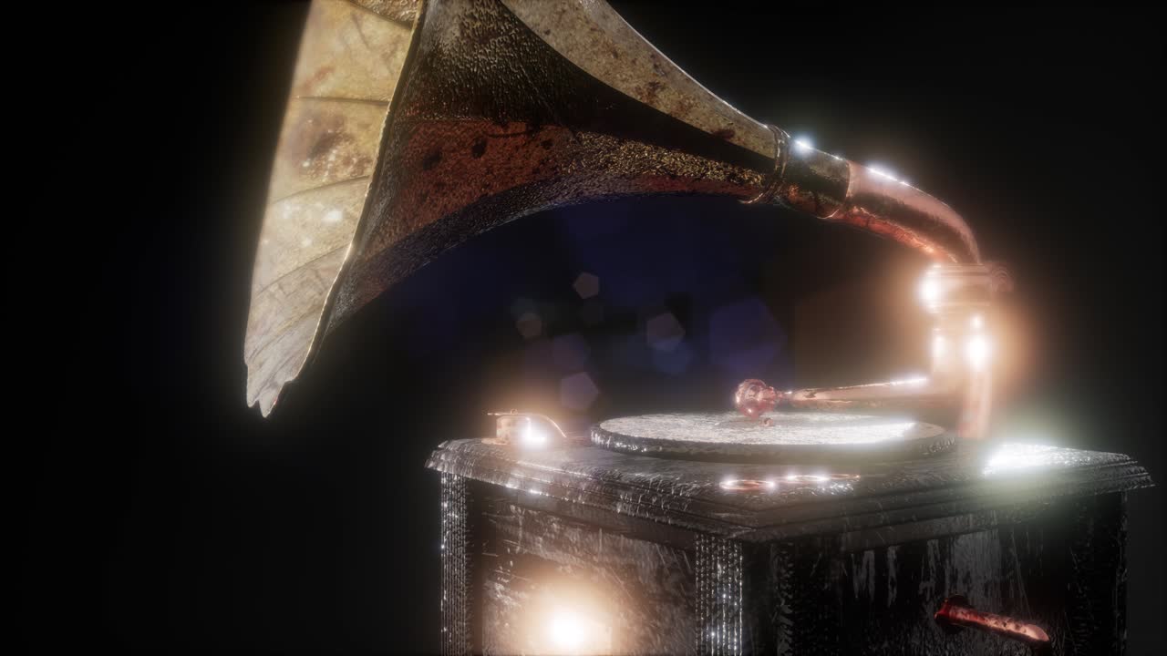 레트로 테크놀로지로 어두운 곳에서 빈티지 그라모폰을 연주합니다.