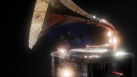 vintage gramophone in dark with frairs. retro technology.