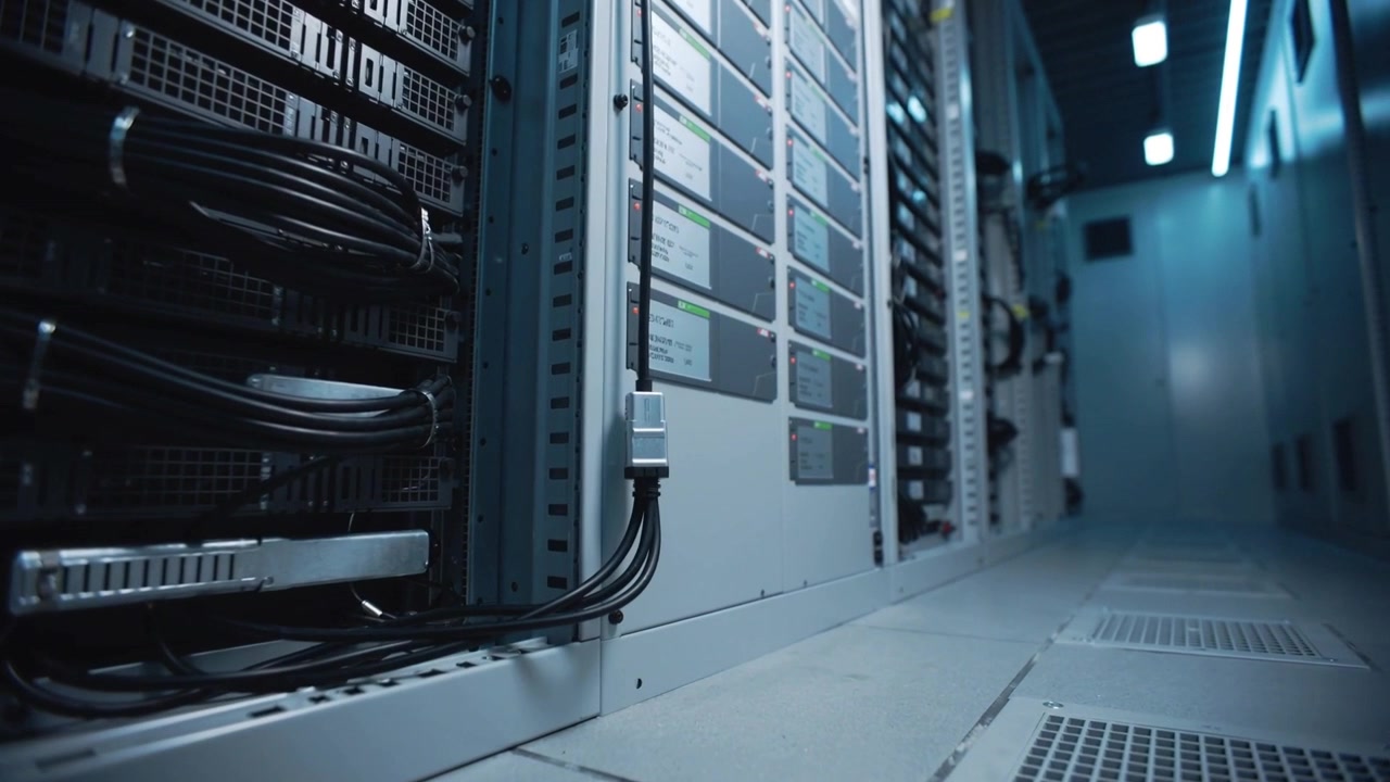 Gliding lowangle camera tracking rack servers down datacenter aisle, checking bundled cables, PDUs