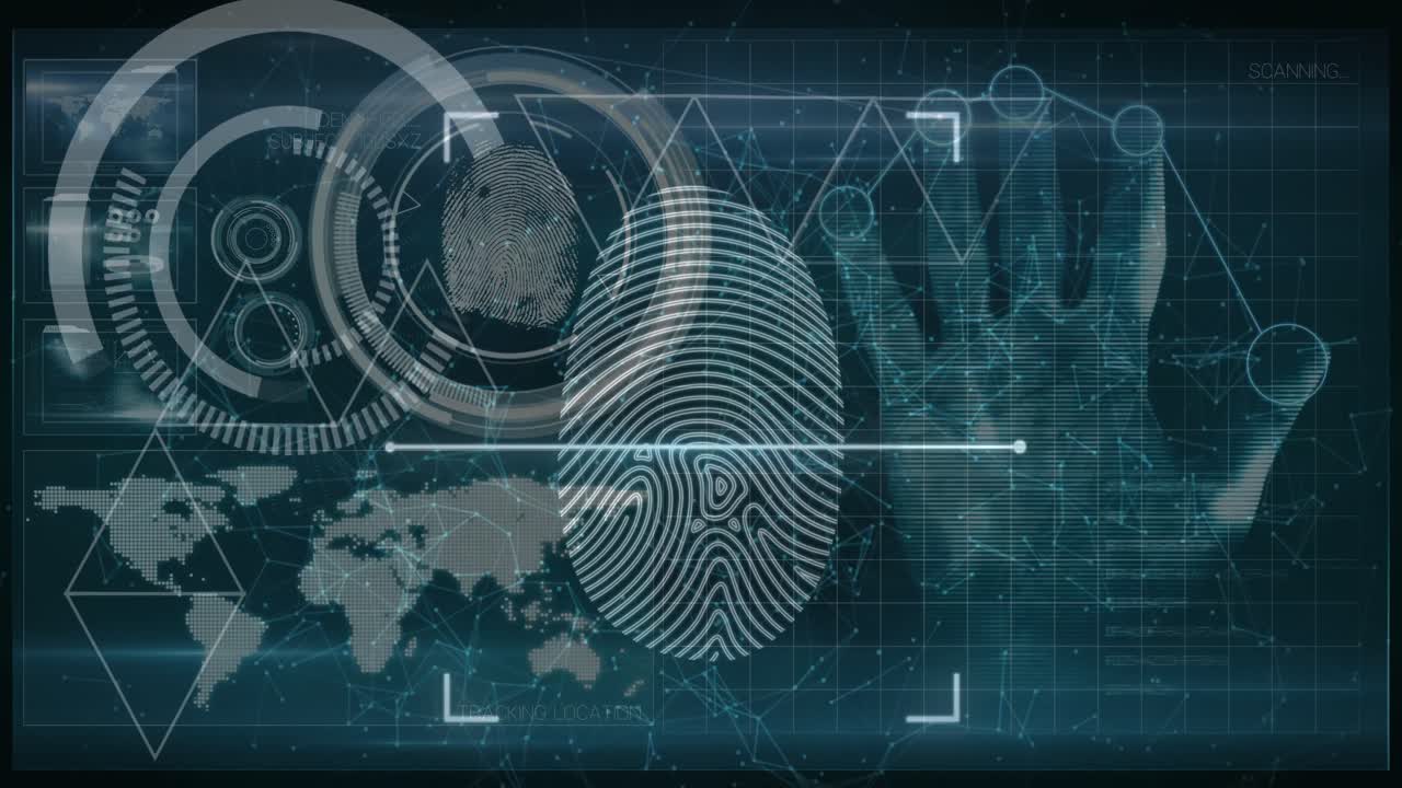 escaneo de la mano humana sobre huella dactilar escáner biométrico contra el mapa del mundo sobre fondo azul