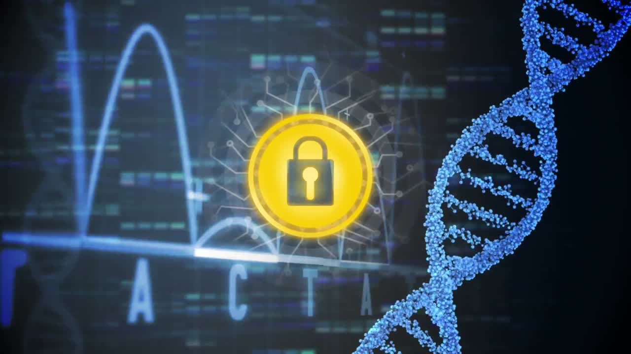 Animaatio DNA-juosteesta ja verkkoturvalukosta tummaa taustaa vasten.