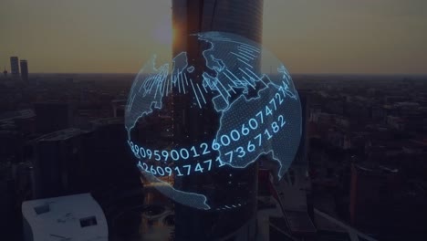 animation of globe spinning and data processing over cityscape