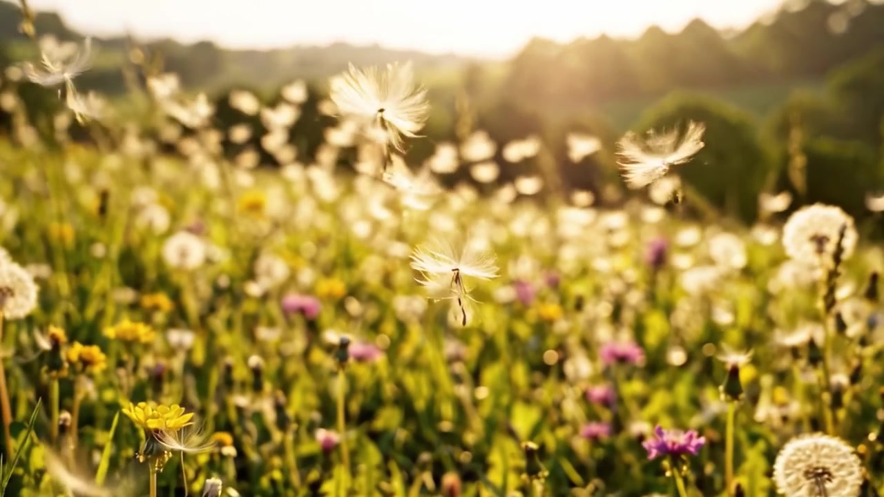 A Vibrant Meadow in the Warm Glow of Sunset, Filled with Various Wildflowers and Dandelions, Creating a Scene of Tranquility and Natural Beauty