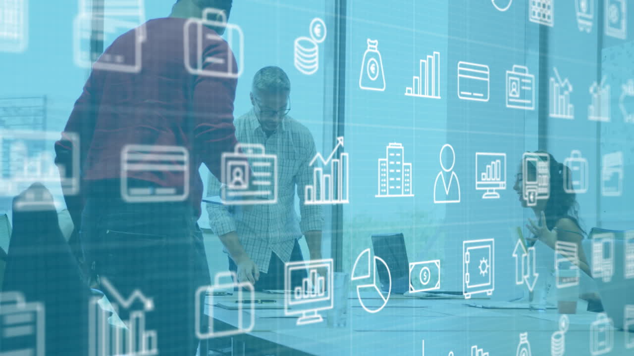 In office, business professionals working with digital data animation on screen