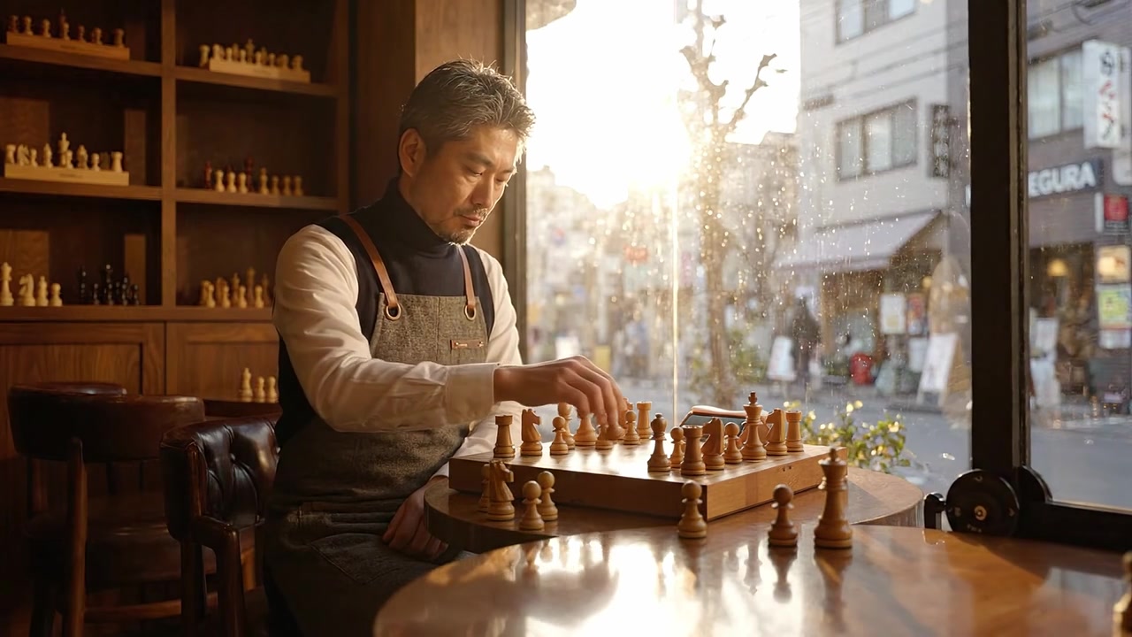 雨の街並みを背景に、日当たりの良いカフェで思慮深いチェスプレイヤーが戦略的に駒を動かし、ゲームへの集中力と情熱を深く示しています。