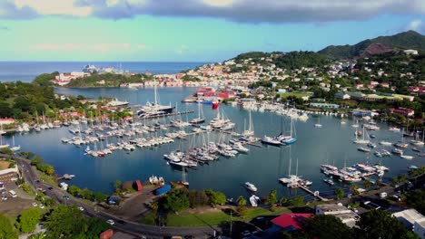 establishing marina aerial of yachts and boats in saint george grenada harbor