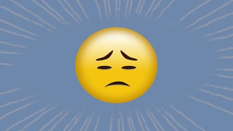 digital animation of sad face emoji against moving radial rays on blue background