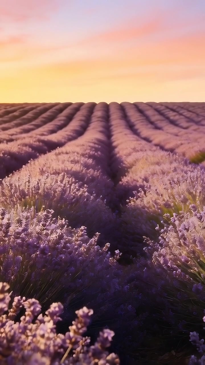 Video verticale: Luce calda che accarezza la telecamera mentre si muove lungo la fila centrale in un campo di lavanda, mostrando l'orizzonte.