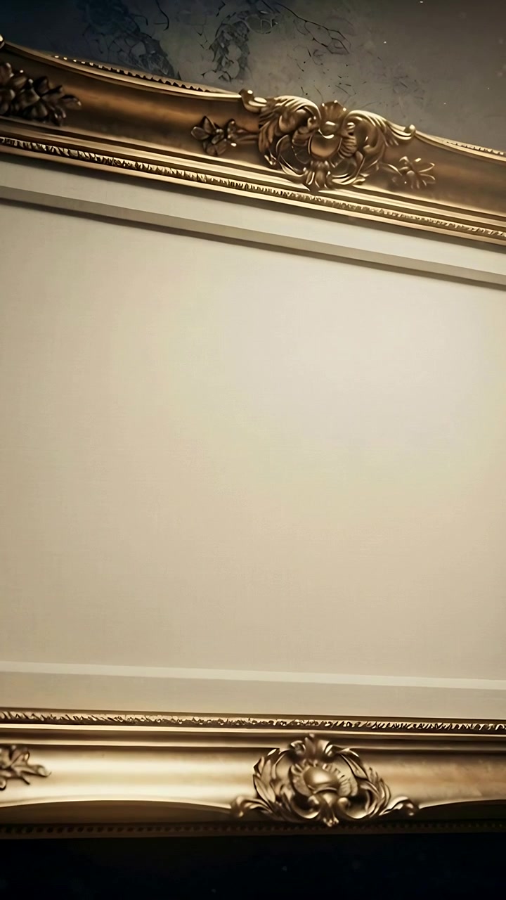 Video verticale: Operatore che inclina la telecamera rivelando modanature dorate e un pannello chiaro in una sala, esponendo la carta da parati.