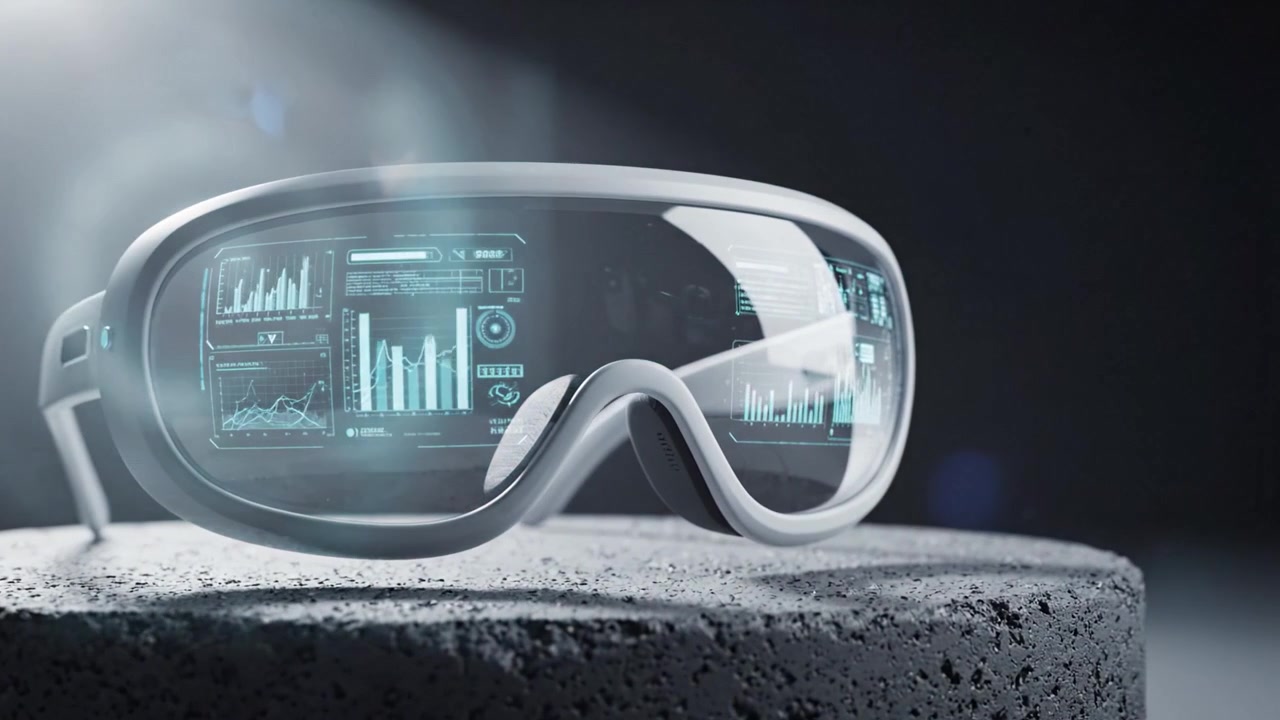 Innovative Augmented Reality Glasses Showcasing Data Visualization and Advanced Technology on a Textured Surface with a Dramatic Lighting Effect