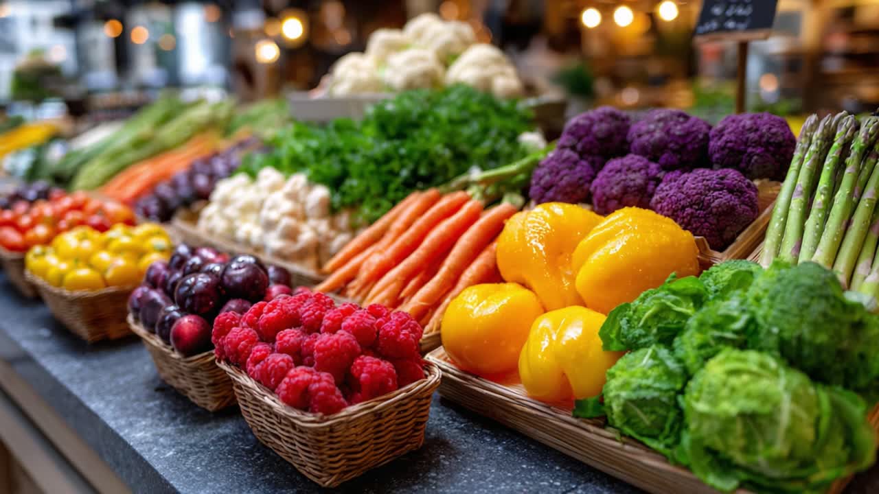 A Colorful Display of Fresh Vegetables and Fruits at a Vibrant Market Showcase, Featuring a Variety of Produce, Including Greens, Root Vegetables, and Juicy Berries
