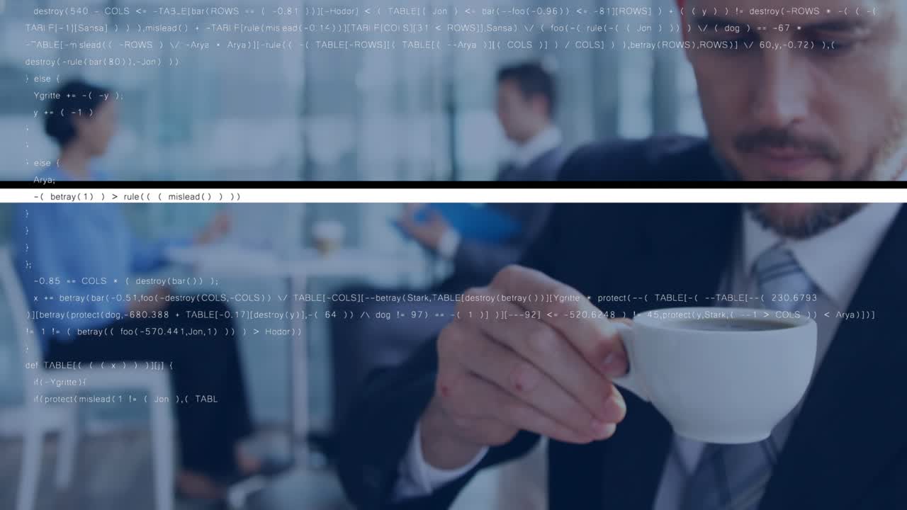 Business professional in lounge reaching cup initiating code overlay while sipping and cradling cup