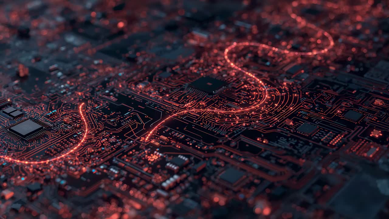 Advancing glowing red trace moving across PCB, starting at top edge, showing data flow with chips