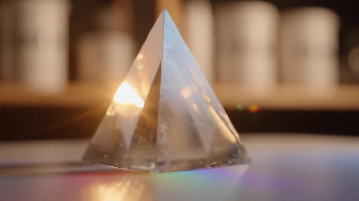 A Stunning Glass Prism Capturing Spectrum: Light Reflected and Refracted Through a Transparent Pyramid Form in a Softly Lit Environment