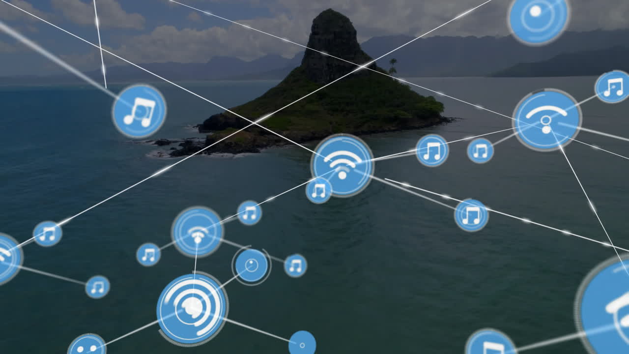 Animation of digital icons and connections over scenic island landscape