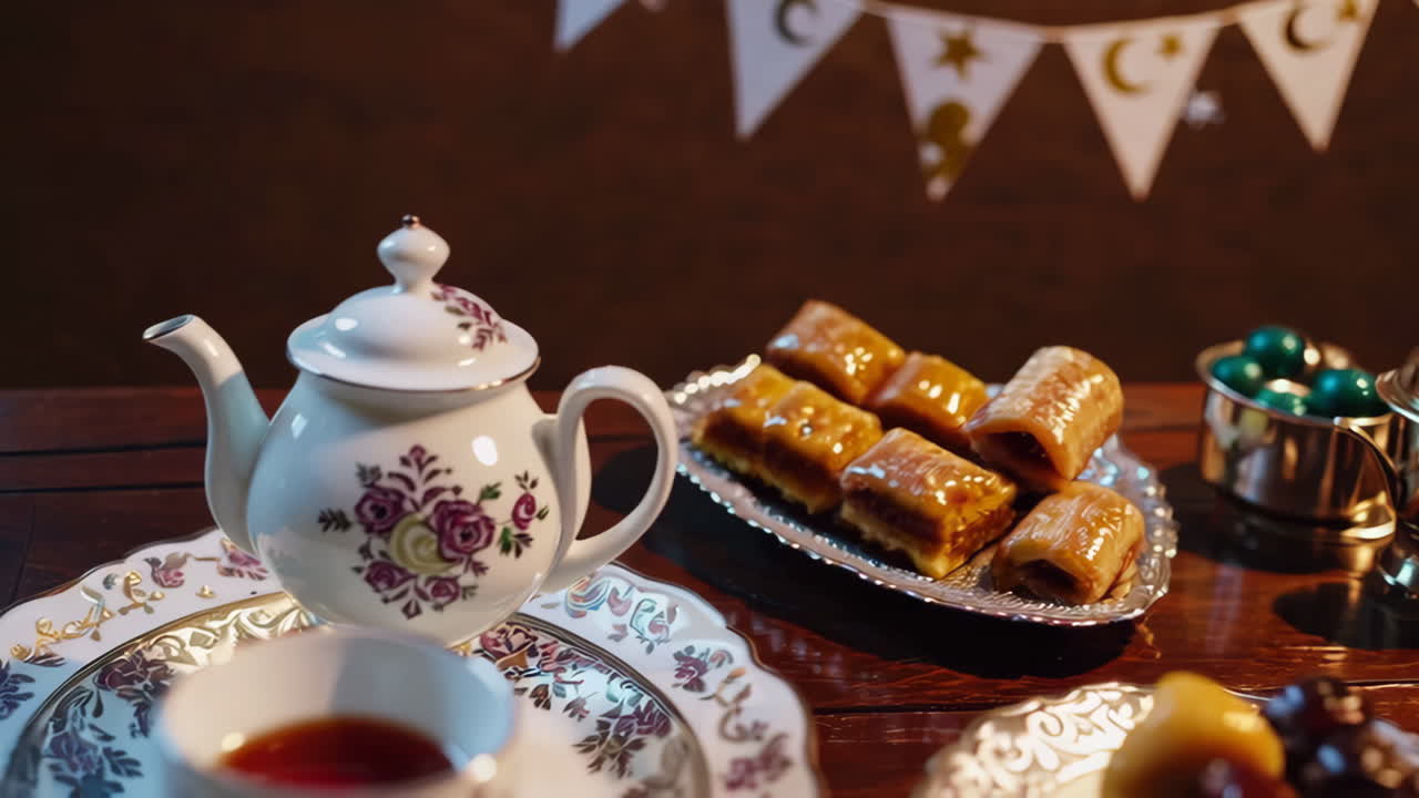 A Festive Tea Time Table Setting with Traditional Sweets