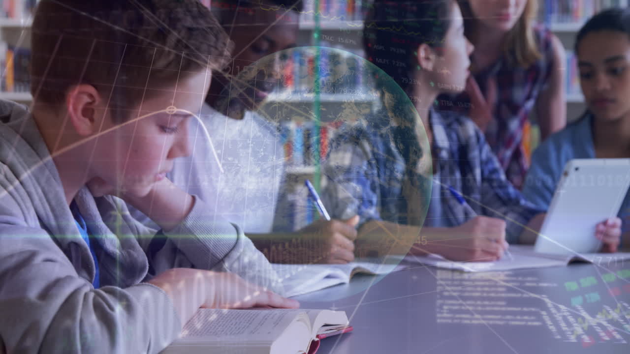 교실에서 학생들을 통해 데이터 처리 바이너리 코딩의 애니메이션