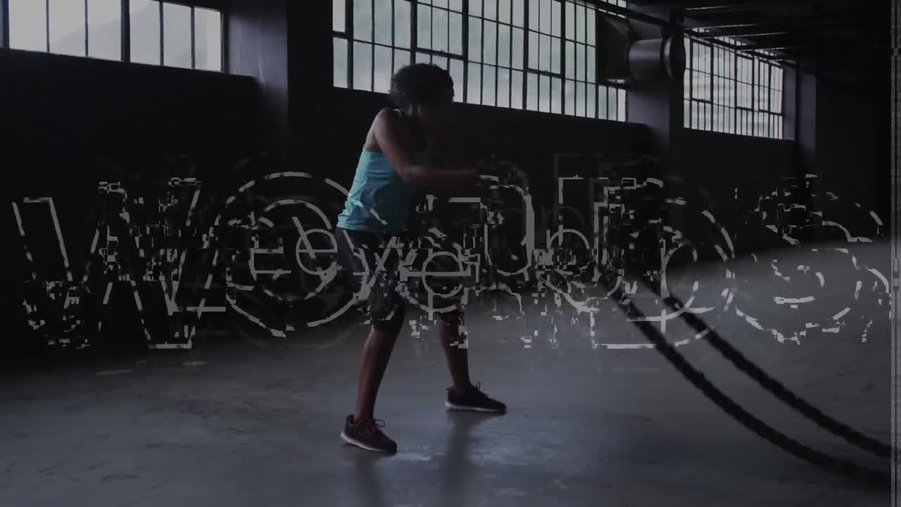 버려진 건물에서  ⁇ 줄로 운동하는 사람 위에 단어 수준의 애니메이션