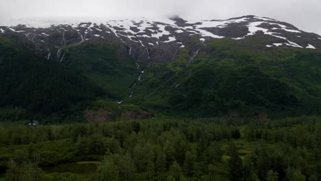 Imágenes-Aéreas-De-Drones-De-4k-Sobre-Un-Bosque-Con-Una-Montaña-Cubierta-De-Nieve-En-El-Fondo-Con-La-Cámara-Saliendo-De-La-Escena