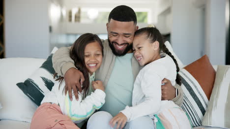 Man,-smile-and-hug-children-on-couch-with-love