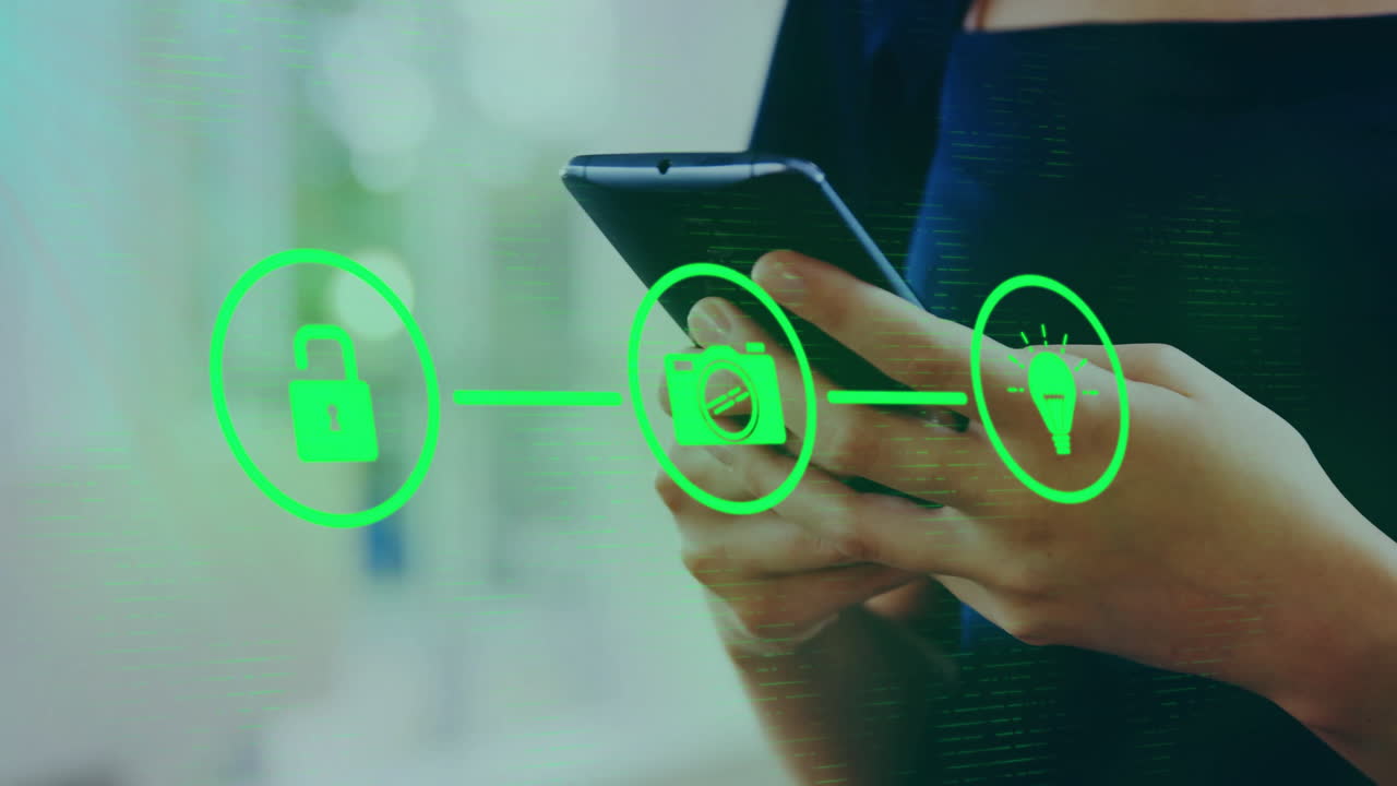 animación de una red de conexiones con iconos sobre una mujer biracial usando un teléfono inteligente