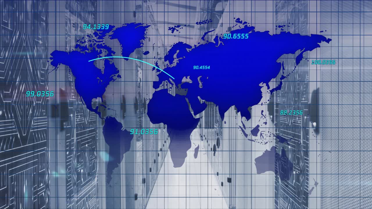 ラックサーバーの上に世界地図のオーバーレイがフェードインし、ラベルの色が変化、シアンのアークがネットワークを縦横に交差している