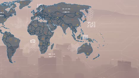 animación del mapa del mundo y procesamiento de datos frente a una vista aérea del paisaje urbano
