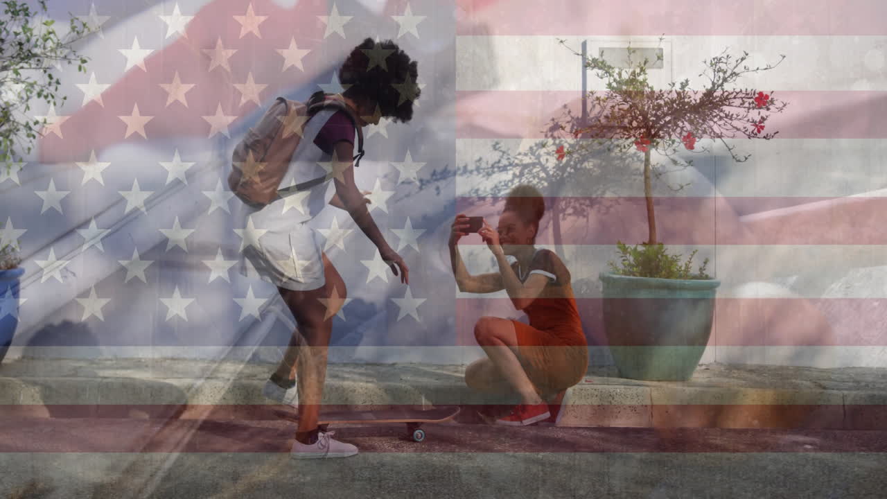 Skateboarding with American flag animation overlay, two people enjoying outdoors