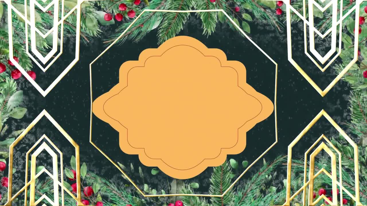Animation of christmas sign with copy space, decorations and snow falling on green background