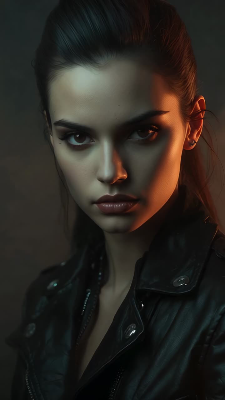 Vertical video: After nine seconds woman blinking after staring in studio wearing jacket and hoops