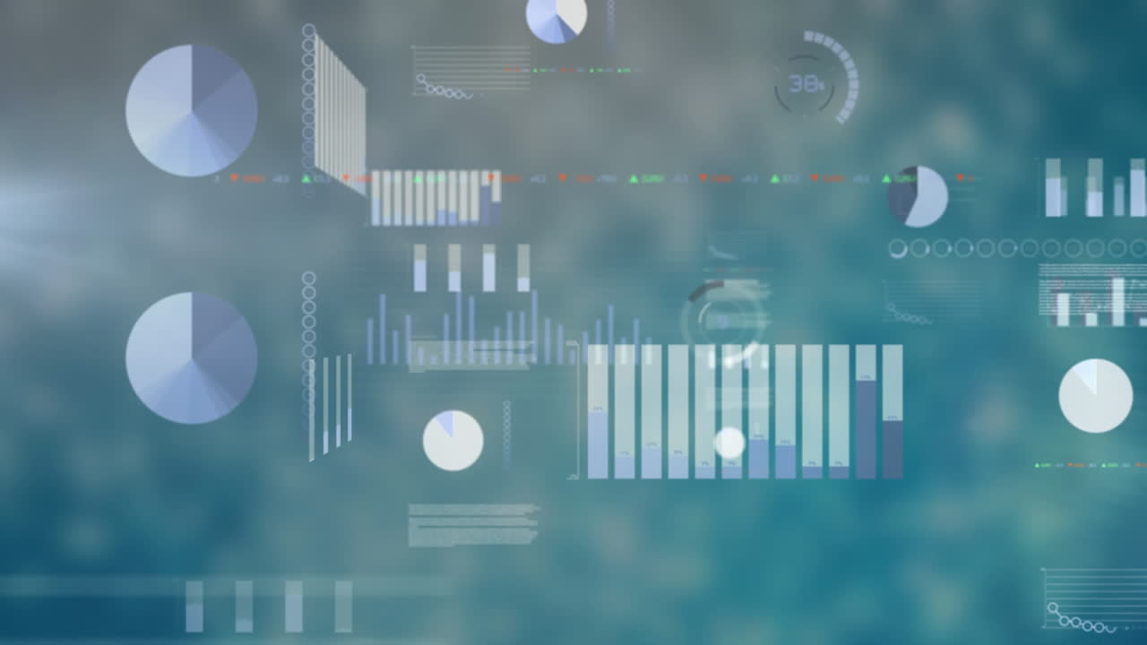 Animation of screens with data processing against textured blue background
