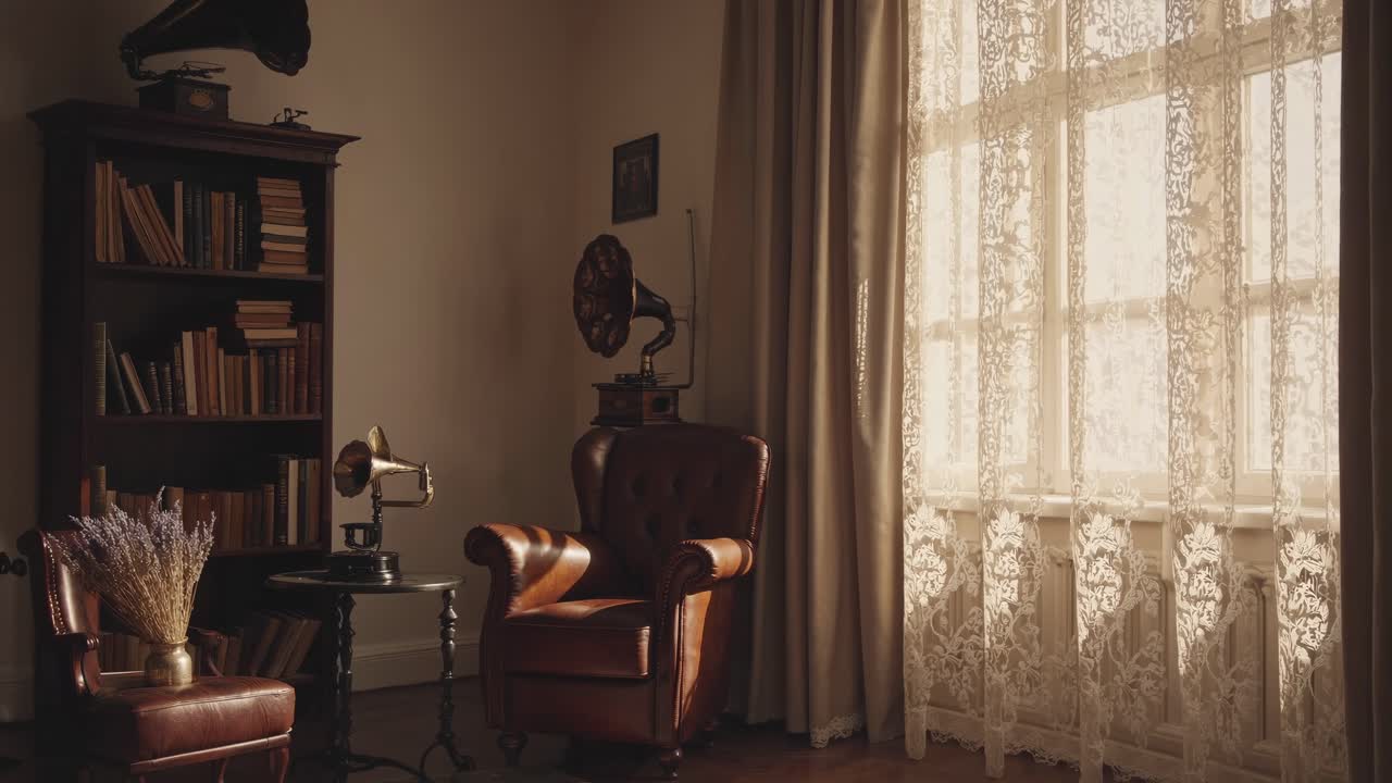 Vintage room with leather chair, gramophone, and bookshelves