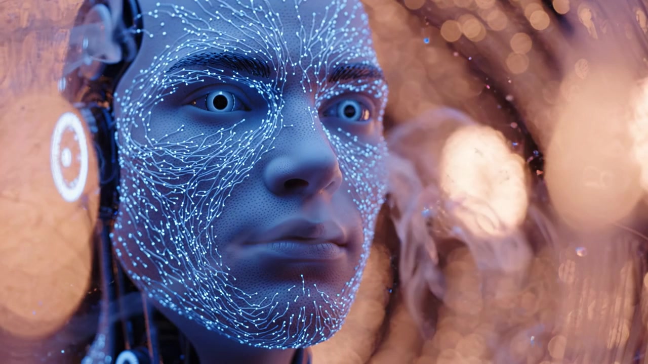 Volto di robot umanoide futuristico che mostra tecnologia avanzata con circuiti luminosi e caratteristiche espressive su uno sfondo splendidamente sfocato di luci.