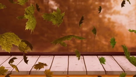 animation of leaves blowing over wooden table top and autumn trees