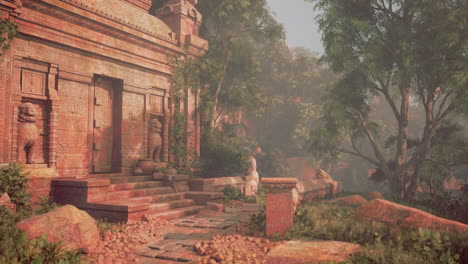 ancient temple ruins in a foggy jungle