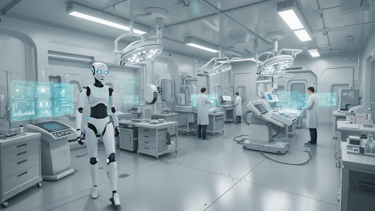 A state-of-the-art laboratory featuring advanced robotic technology, showcasing automated systems aiding human researchers in innovative scientific discoveries and medical advancements