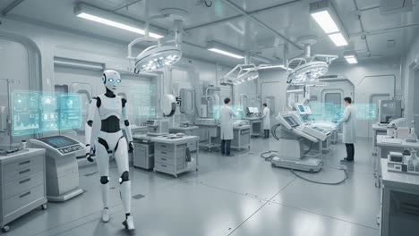 a state-of-the-art laboratory featuring advanced robotic technology, showcasing automated systems aiding human researchers in innovative scientific discoveries and medical advancements
