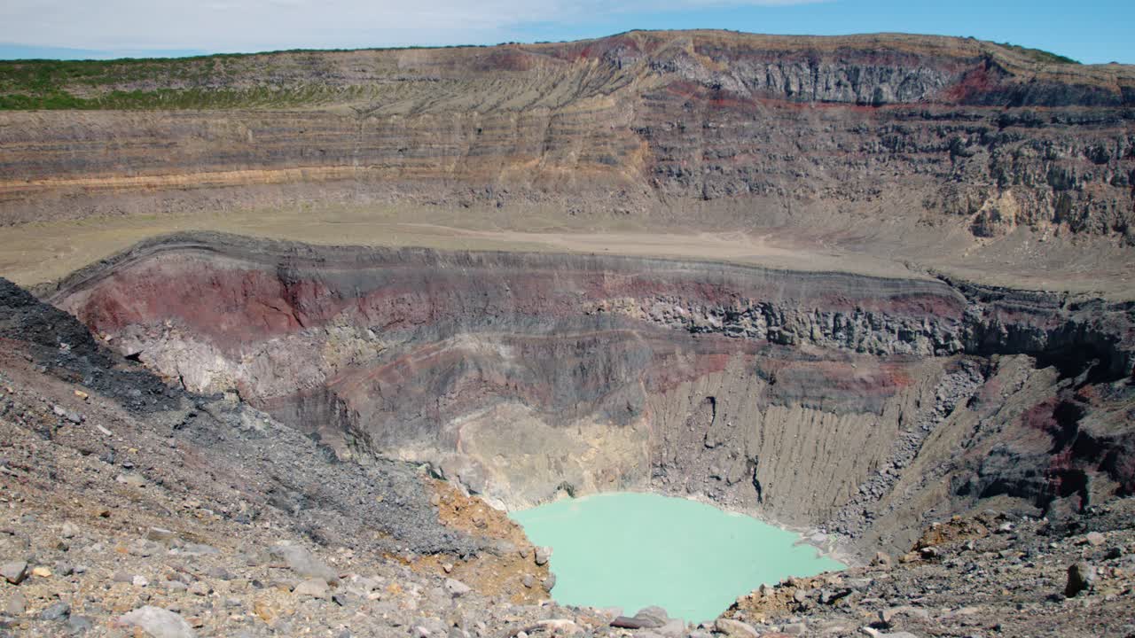 Panoramic view of the inside of the crater lake of the Ilamatepec or Santa Ana Volcano in El Salvador during a clear day - Camera pan right