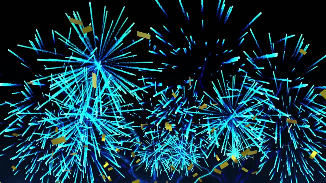 launching from horizon, cyan shell rising, exploding and filling frame while gold confetti drifting