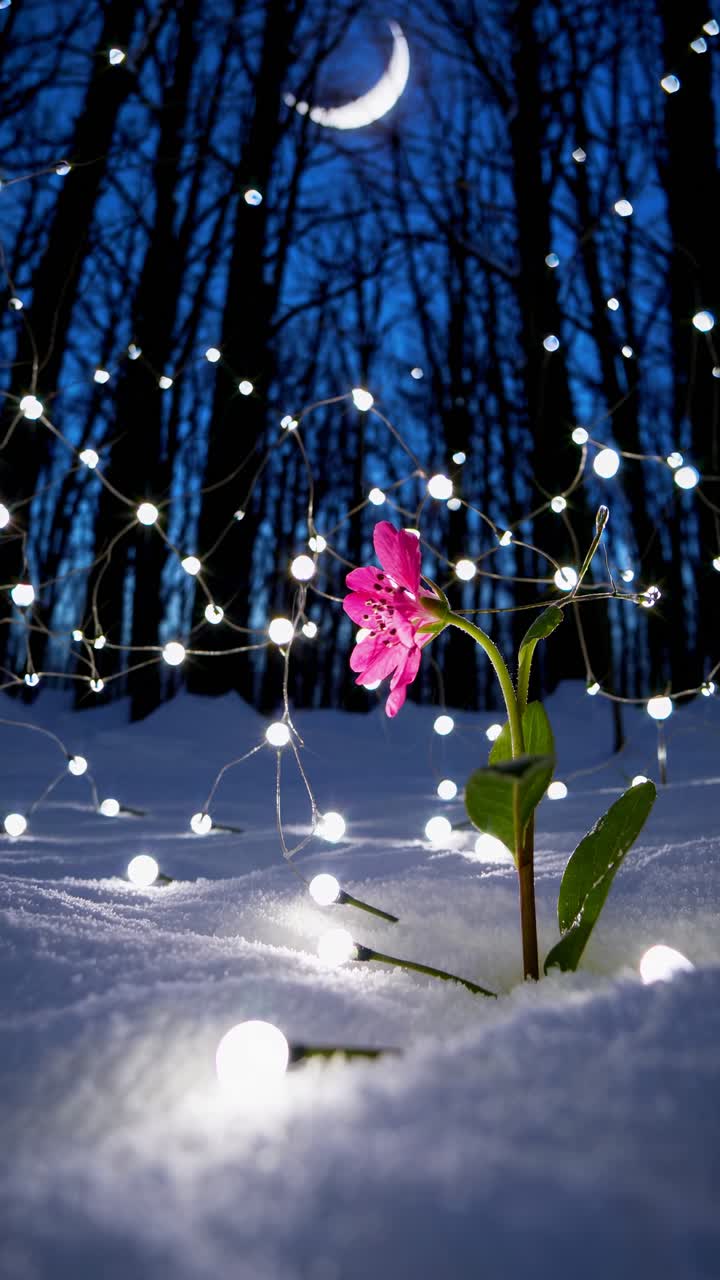 Foto dal basso di un fiore rosa nella neve, circondato da luci scintillanti sotto una luna crescente