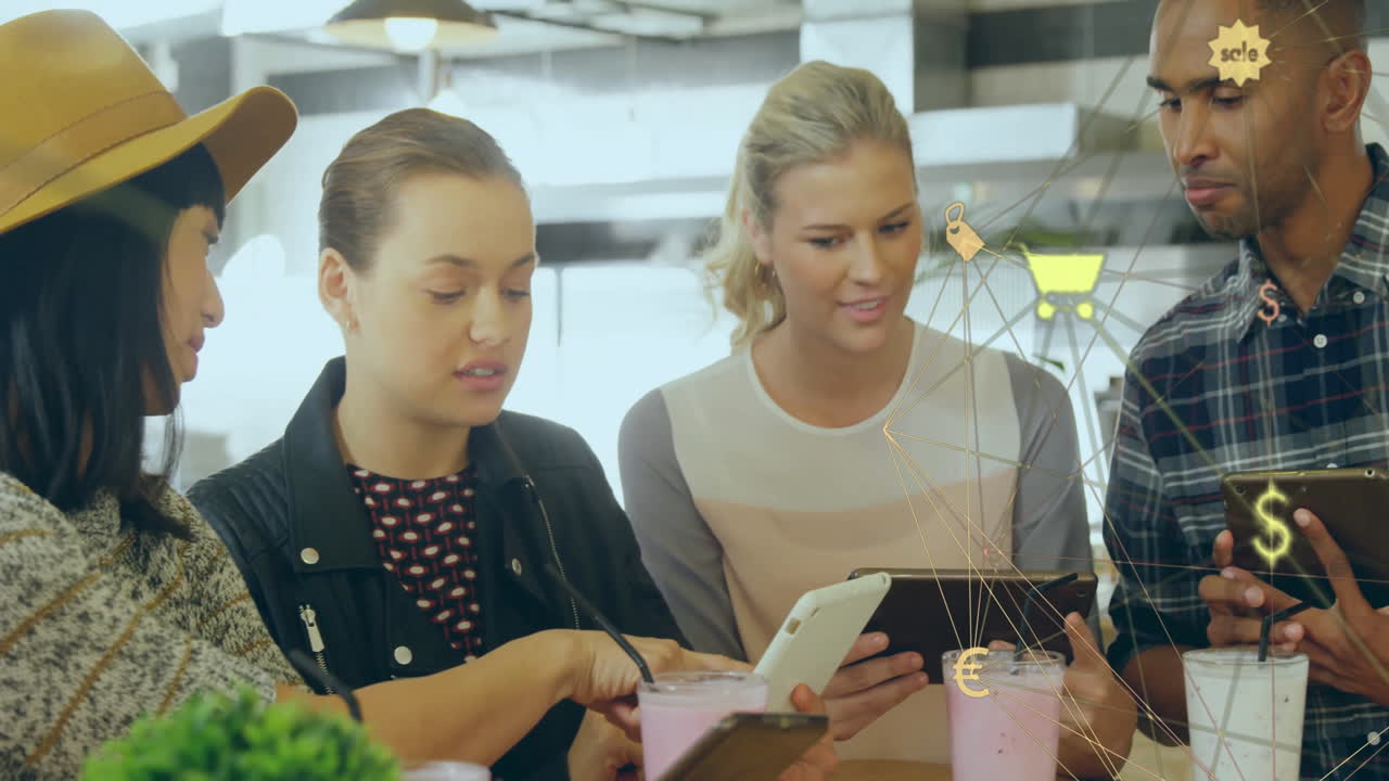 Animation of retail business network over diverse colleagues using tablets and smartphones at cafe