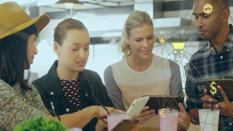 animation of retail business network over diverse colleagues using tablets and smartphones at cafe