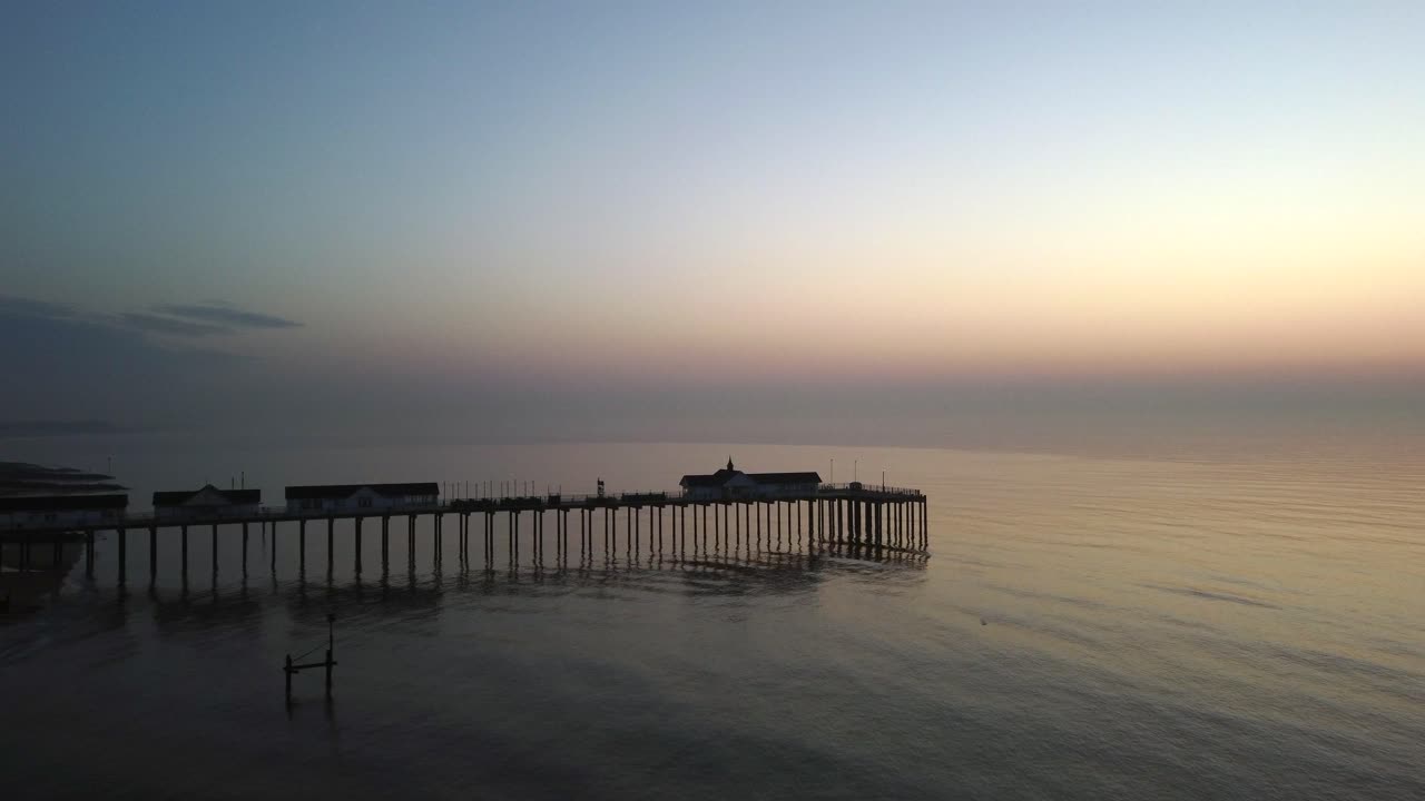 Pre-sunrise aerial footage of Southwold Pier