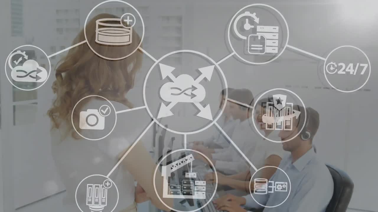 анимация сети соединения с иконками над деловыми людьми, носящими телефонные наушники