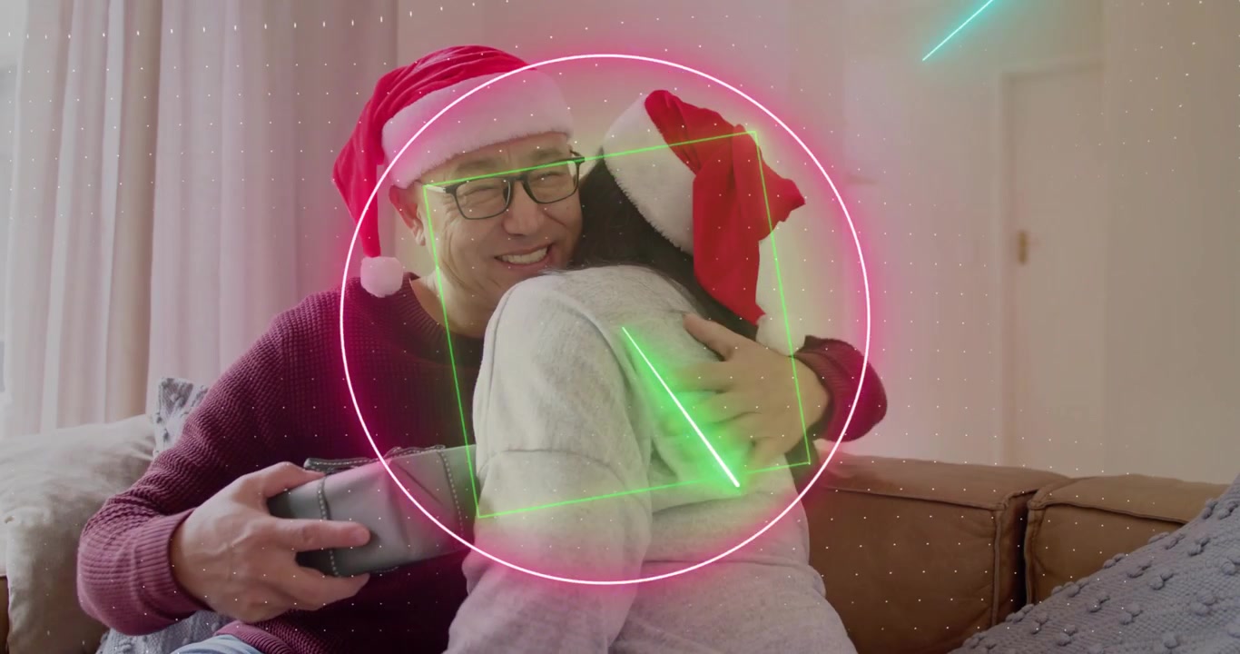 Annuncio festivo con padre e figlia che si tengono per mano, si abbracciano e si scambiano regali, con fiocchi di neve animati.
