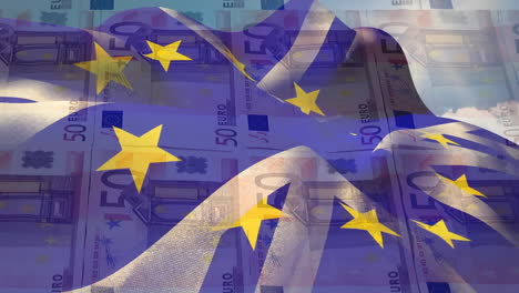 animation of flag of great britain over euro currency bills