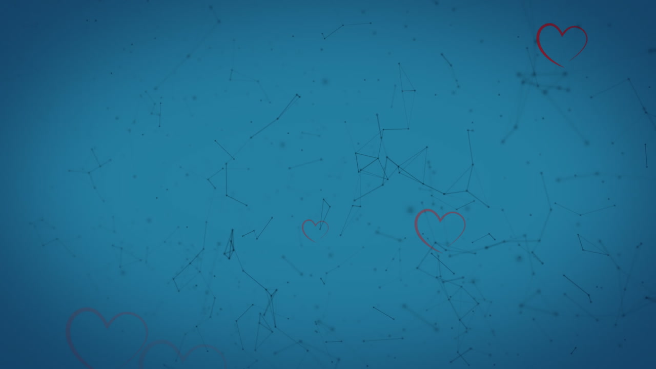 파란색 배경에  ⁇ 박이는 연결 네트워크 위에 떨어지는 회색 리본 심장의 애니메이션